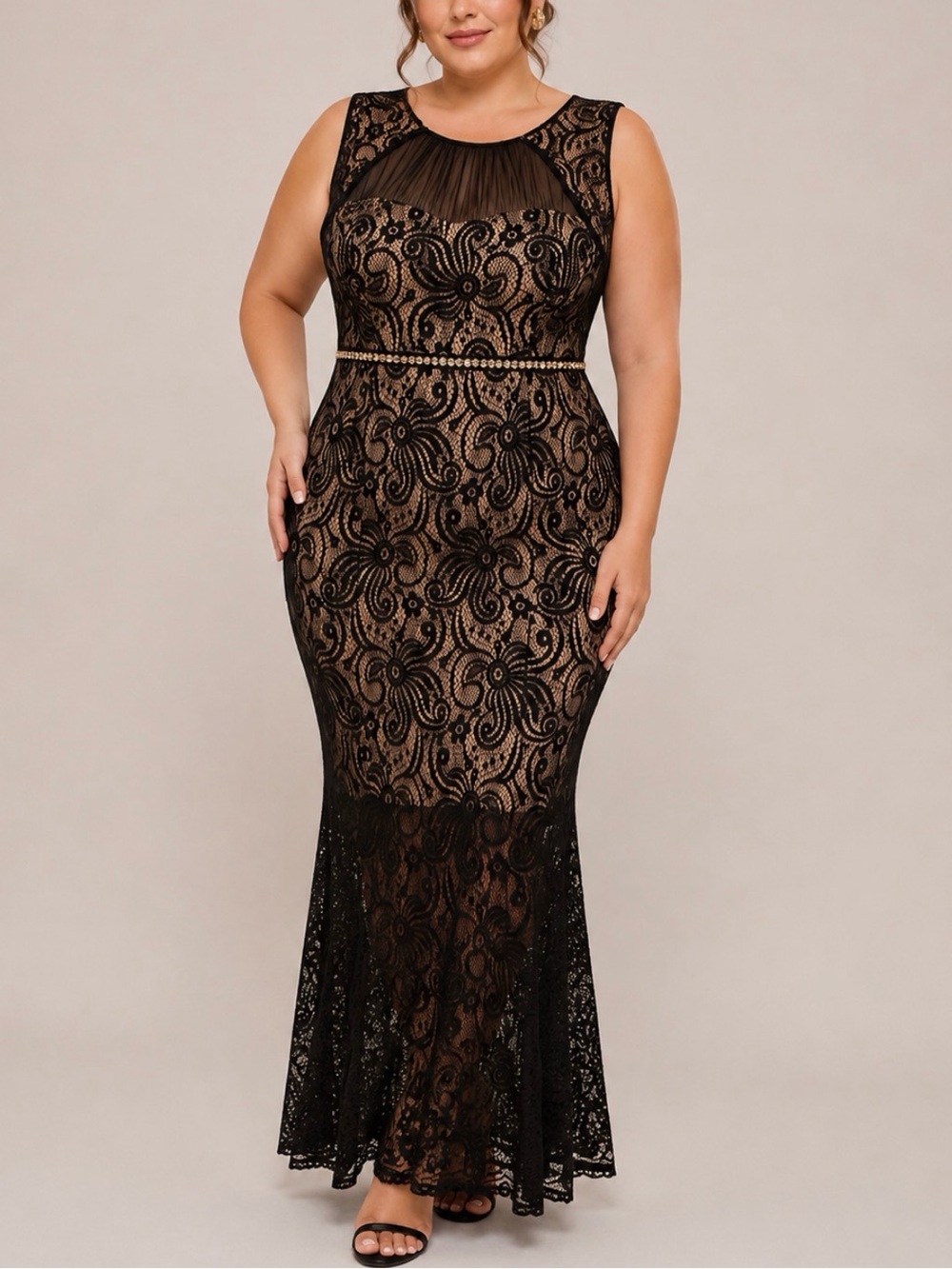 Enfocus Studios Sleeveless Black Lace Maxi Dress with Nude Underlay